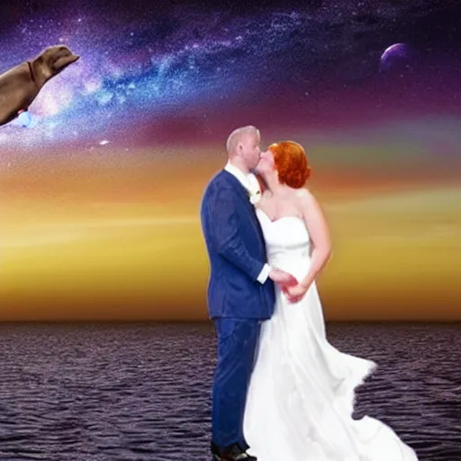 Prompt: Cat and dolphin getting married in the Milky Way