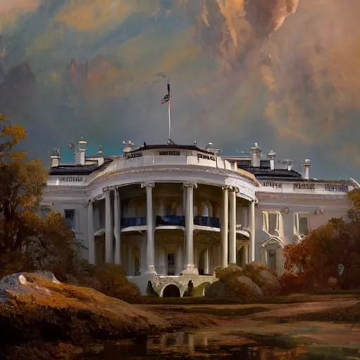 Prompt: detailed cinematic wide shot of the futuristic diselpunk rendition of the white house that has existed millions of years into the future where humans evolved to be solarpunk, ultra realistic, spring light, painting by gaston bussiere, craig mullins, j. c. leyendecker