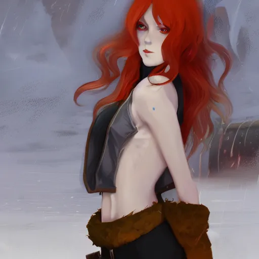 Prompt: a pale redheaded demoness with yellow eyes and horns wearing a jacket, highly detailed, digital painting, artstation, matte, by makoto shinkai, animation style