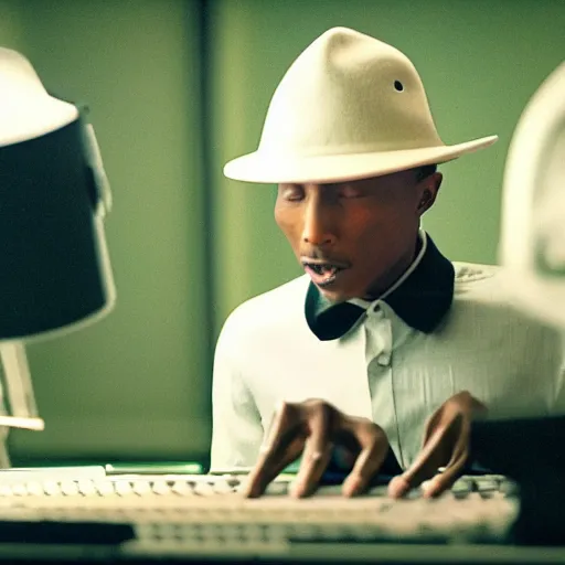 Image similar to cinematic film still of Pharrell Williams Making A Beat with an anthropomorphic alien, Japanese VFX, 2018, 400mm lens, f1.8, shallow depth of field,film photography