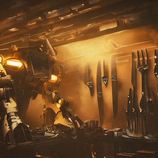 Image similar to cutlery mecha, dark messy smoke - filled cluttered workshop, dark, dramatic lighting, orange tint, cinematic, highly detailed, sci - fi, futuristic, movie still