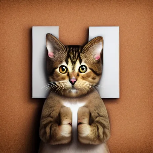 Image similar to realistic perfect cat standing holding up sign saying atom