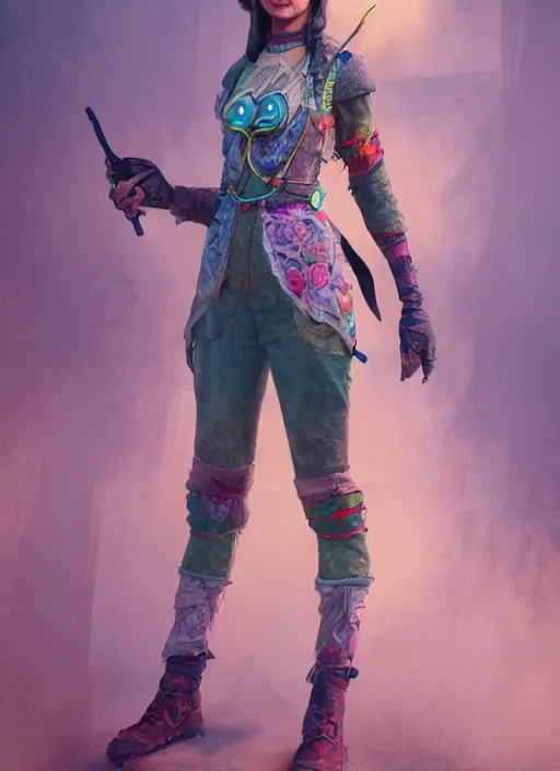 Image similar to full body concept art illustration pastel painting of a Disney huntress in full intricate clothing, ultra detailed digital art, octane render, 4K, dystopian, micro details,
