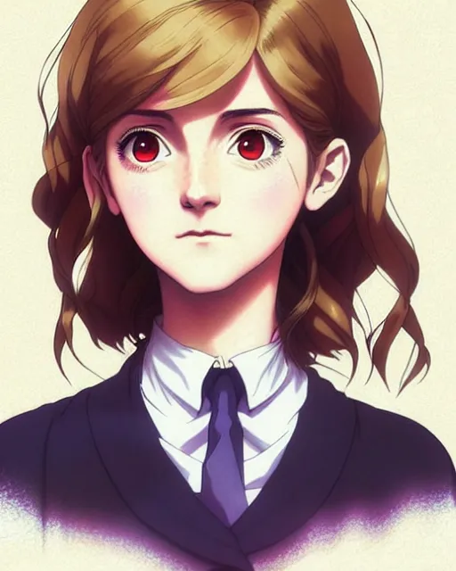 Image similar to Anime as Emma Watson playing Hermione Granger || cute-fine-face, pretty face, realistic shaded Perfect face, fine details. Anime. realistic shaded lighting poster by Ilya Kuvshinov katsuhiro otomo ghost-in-the-shell, magali villeneuve, artgerm, Jeremy Lipkin and Michael Garmash and Rob Rey as Hermione Granger in Hogwarts Hogwarts cute smile