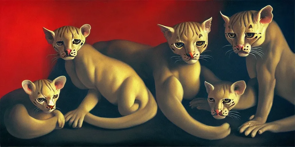 Prompt: ocelots in love, in the style of leonora carrington, gottfried helnwein, intricate composition, blue light by caravaggio, insanely quality, highly detailed, masterpiece, red light, artstation
