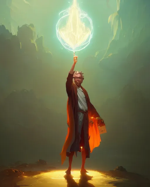 Image similar to highly detailed vfx portrait of an old mage casting a light spell, unreal engine, greg rutkowski, loish, rhads, beeple, makoto shinkai and lois van baarle, ilya kuvshinov, rossdraws, tom bagshaw, alphonse mucha, global illumination, detailed and intricate environment