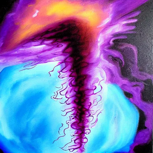 Image similar to a painting of a purple tornado in the style of leonardo da vinci