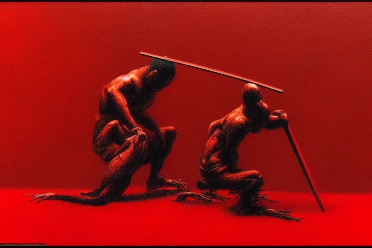 Image similar to only with red, a red samurai do seppuku, tokio, a lot of frogs watch, in the style of beksinski, parts by edward hopper, parts by rodcenko, parts by yue minjun, intricate and epic composition, red by caravaggio, insanely quality, highly detailed, masterpiece, red light, artstation, 4 k