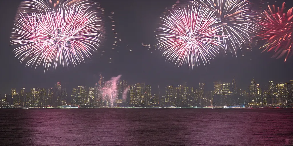 Image similar to amazing fireworks, view from ellis island, 4 th of july. sony a 7, f / 2. photography. photorrealism. high quality. high fidelity.