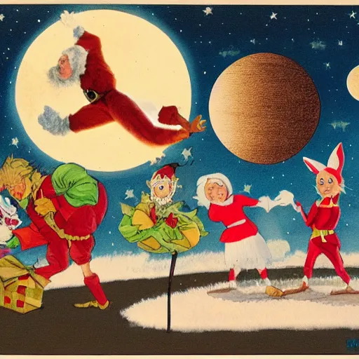 Prompt: the thooth fairy, santa claus, easter bunny, and the sandman fighting the moon