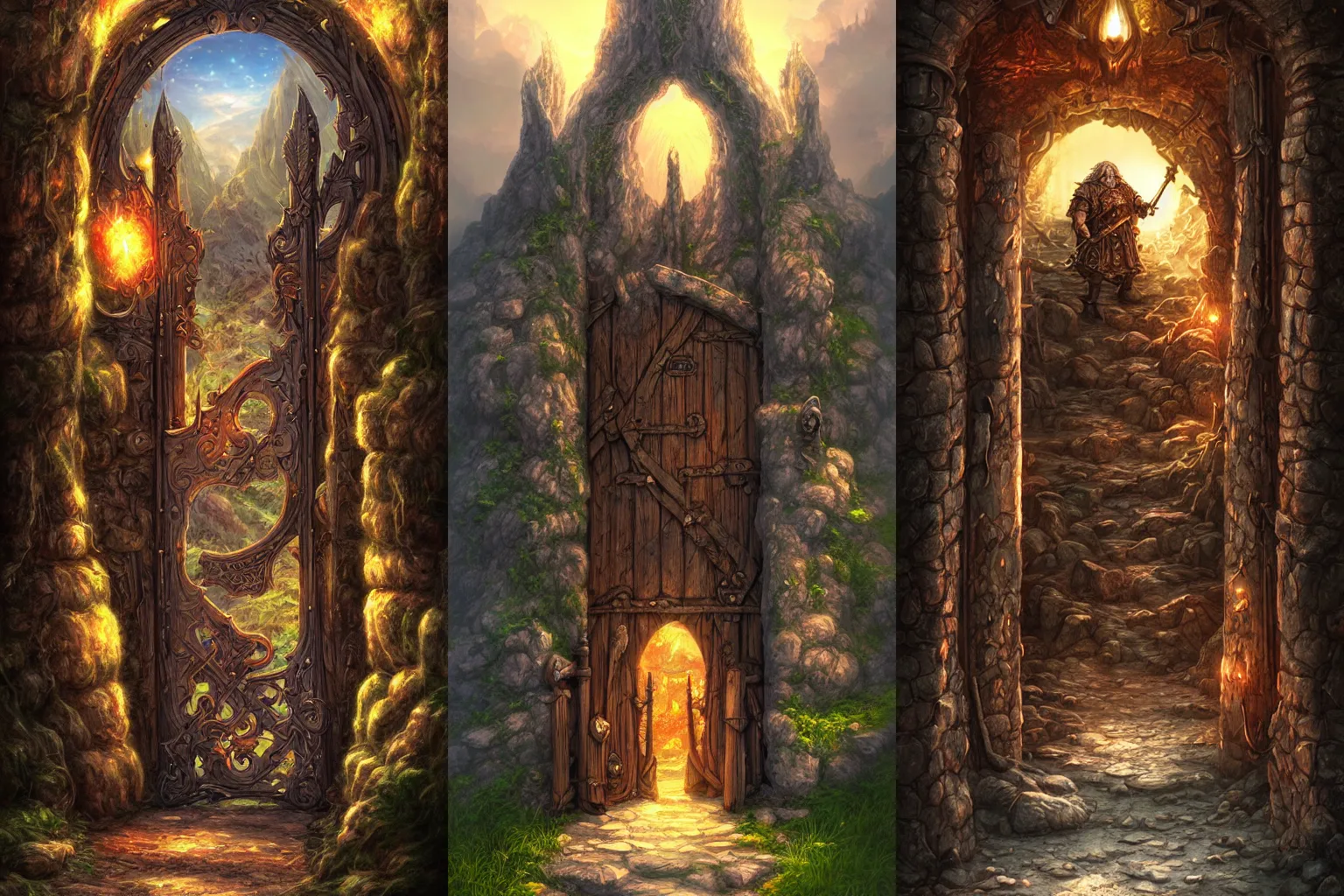 Prompt: The gate to the eternal kingdom of dwarfs, fantasy, digital art, HD, detailed.