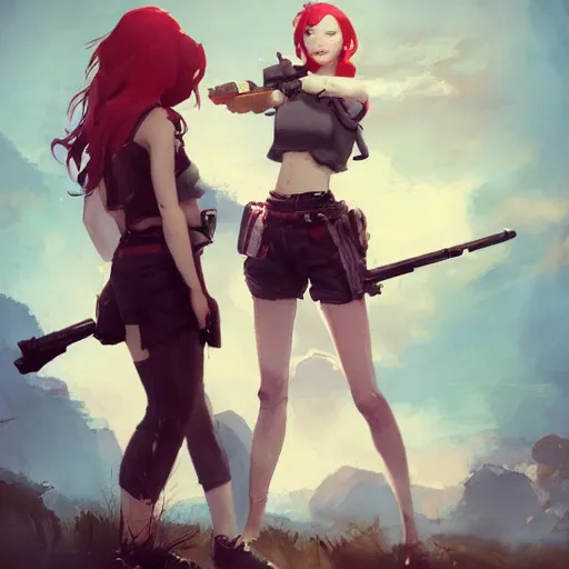 Prompt: A redheaded girl wearing a crop top, shorts and wielding a gun, character design by charles bowater,greg rutkowski,ross tran,hyperdetailed,hyperrealistic,4k,deviantart,artstation,professional photography,concept art, anime