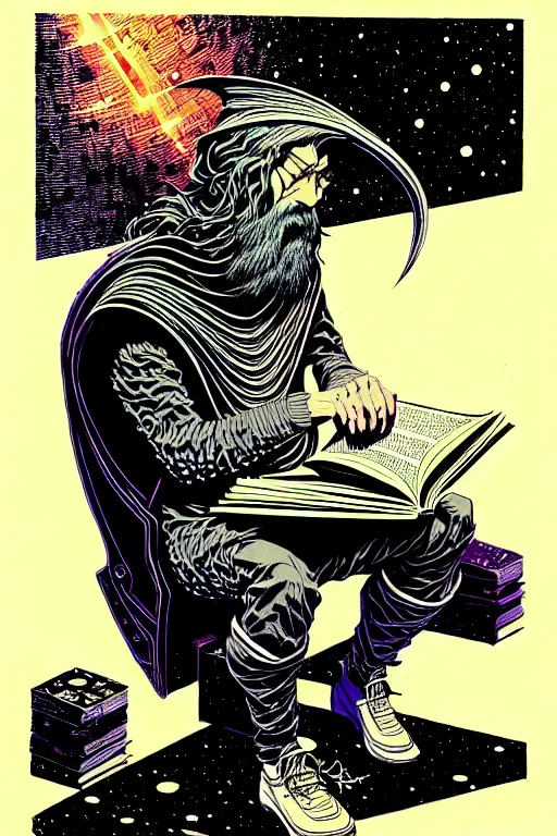 Image similar to wizard reading a book, high details, intricately detailed, by vincent di fate, inking, 3 color screen print, masterpiece, trending on artstation,, sharp, details, hyper - detailed, hd, 4 k, 8 k