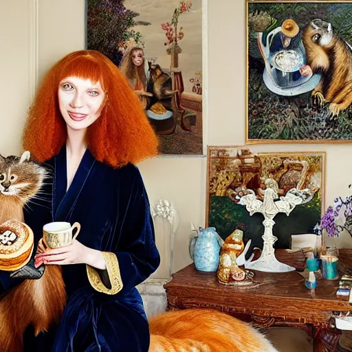 Image similar to a stunning hyper-detailed photorealistic painting of one slender beautiful smiling woman with long ginger hair and bangs, wearing a luxurious silk robe, wearing headphones and posing with her large ginger tabby cat and her raccoon and parrots in an overstuffed easy chair in her sunlit victorian living room, holding a porcelain parrot-shaped coffee mug and a donut, perfect eyes, fashion photography, cinematic lighting, octane render, IBEX Masters, unreal engine, 85 mm lens