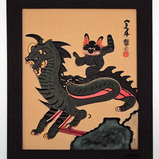 Prompt: samurai cat, riding a dragon, edo style art