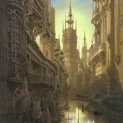 Image similar to by john howe in the usa, chiaroscuro bold. a print of a tall ship sailing through a cityscape. the ship is adorned with intricate details, while the cityscape is filled with towering palaces & other grand buildings.