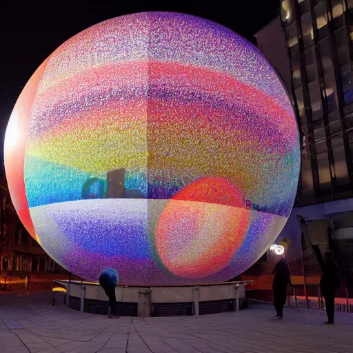 Prompt: public art installation about space and time. projected on big sphere inside big and dark venue