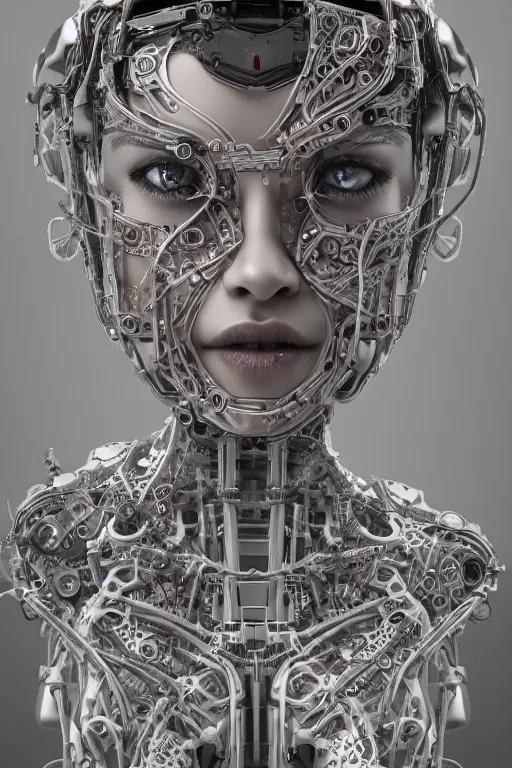 Image similar to a beautiful and young fully cybernetic female with a body mostly made of mechanical parts adorned digital detail and some ornate geometric carvings female human face, intricate, elegant, very detailed, hyper real, octane render, 8k, trending on Artstation