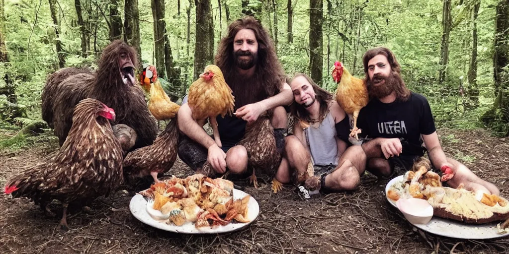 Image similar to photo, three hairy neanderthal people, emma!! watson!! holding a chicken, eating outside, surrounded by dinosaurs!, gigantic forest trees, sitting on rocks, bright moon, birthday cake on the ground, front view