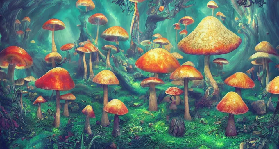 Image similar to a beautiful painting of trippy mushrooms by Tokio Aoyama, Mario Martinez, David Normal. photorealistic, trending on artstation, dramatic lighting, 8K, fantasy beautiful, surreal, cinematic.