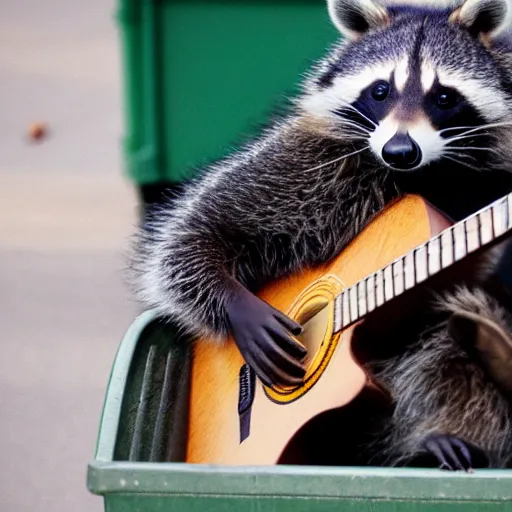 Image similar to raccoon in a leather jacket and playing guitar in a dumpster