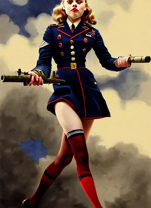 Image similar to annasophia robb in a war world II uniform, looking furious, startled, stockings, looking seductively attire by Greg Rutkowski, John Singer Sargent, Bryan Lee O'Malley, Edward Hopper