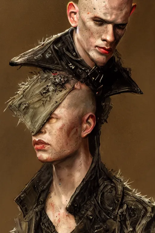 Image similar to an ugly young man, shaved head, punk, tattered leather coat, intricate, elegant, dramatic lighting, highly detailed, lifelike, photorealistic, digital painting, artstation, illustration, concept art, smooth, sharp focus, art by John Collier and Albert Aublet and Krenz Cushart and Artem Demura and Alphonse Mucha