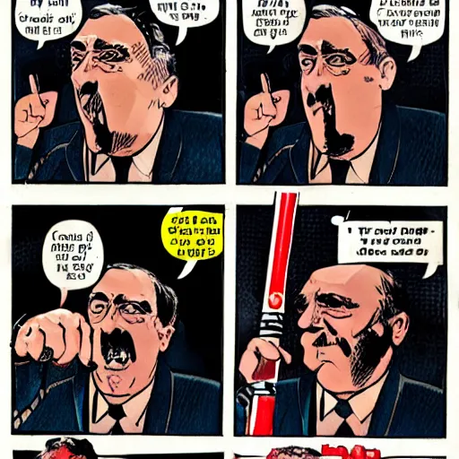 Image similar to comic book of angry jews with lightsabers and adolf hitler accurate eyes high detail