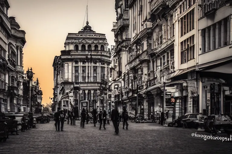 Prompt: urban photography of bucharest, award winning, sunset, streets, buildings, people, beautiful