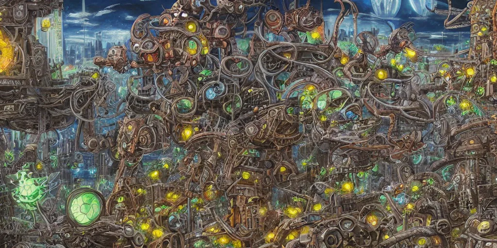 Prompt: magic the gathering art, ver.ka mecha machinarium, complex elaborate amphibian cityscape by Dan Mumford and by Dan Witz