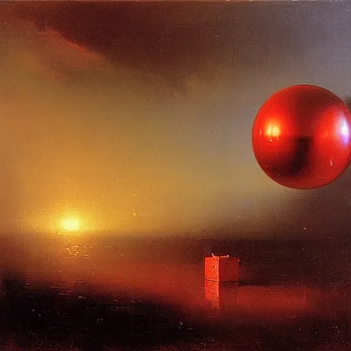 Prompt: chrome spheres on a red cube by ivan aivazovsky