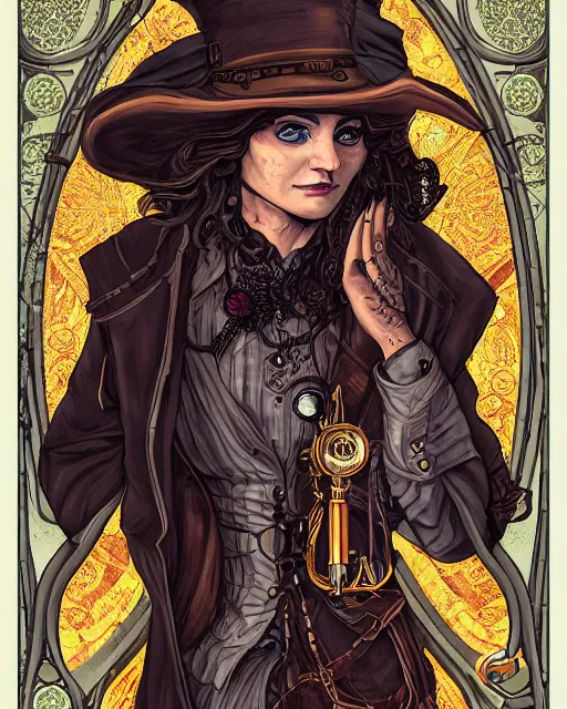 Image similar to a detailed portrait illustration of a steampunk wizard. beautiful androgynous female face. art nouveau, pop art, comic book style. influenced by neil gaiman, jules verne, dan mumford, brian froud, vadim voitekhovitch, killian eng, ross tran.