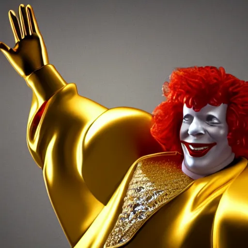 Image similar to a still of ronald mcdonald surrounded by gold and diamonds, award - winning, photograph, 3 d render, unreal engine, 4 k detailed