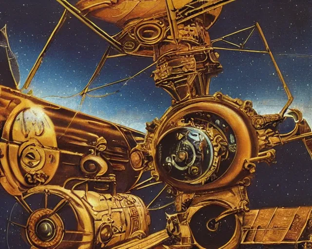 Image similar to Space with steampunk train in space, by michelangelo