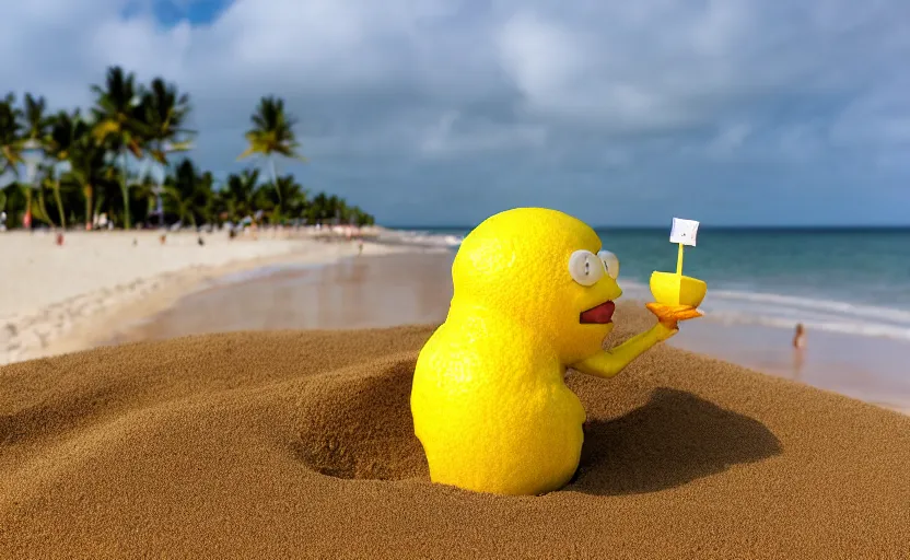 Image similar to 5 0 mm photograph, of a real anthropomorphic lemon cartoon character, it has lemon skin texture, it's wearing a hat and a vr head, building a sandcastle on the beach at sunset, beach, waves, sun, clouds, tropical trees, rim light, sand, sandcastle, volumetric lightening, pentax k 1 0 0 0