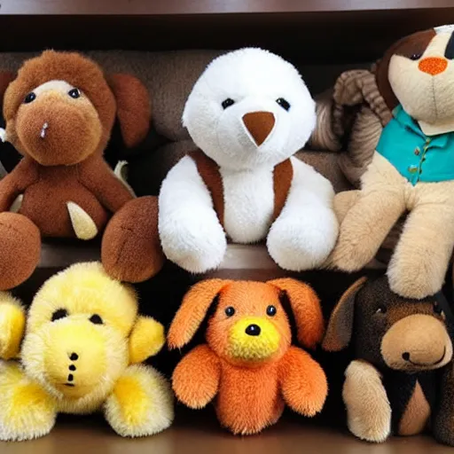 Prompt: a variety of stuffed animals, brown white teal yellow and orange