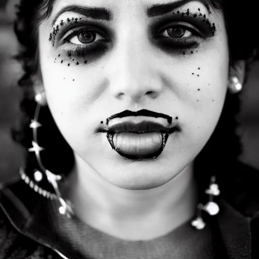 Image similar to beautiful young latino woman with gutterpunk pen ink face tattoos at golden hour, black & white, stars in background, cinematic diane arbus, leica s, 5 0 mm, fuji 8 0 0, grainy, low light