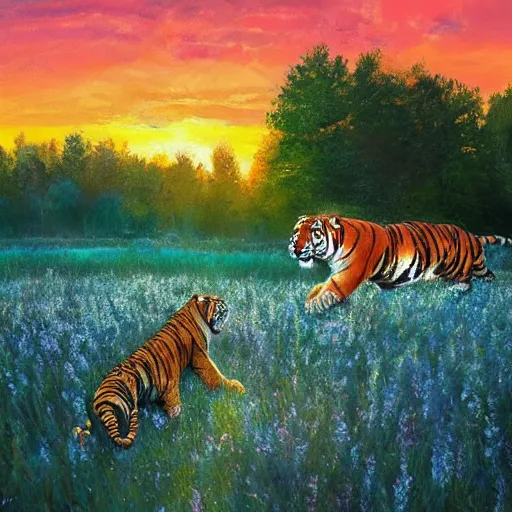 Image similar to a tiger watching a sunset, surreal photography, flower field, beautiful sunset on a summer day light, impressionist painting, colorful clouds, blue sky, digital painting, artstation, simon stalenhag