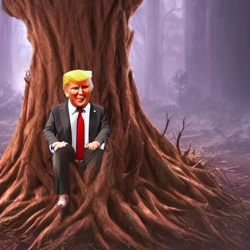 Image similar to donald trump is fused into a tree stump, hyperdetailed, artstation, cgsociety, 8 k