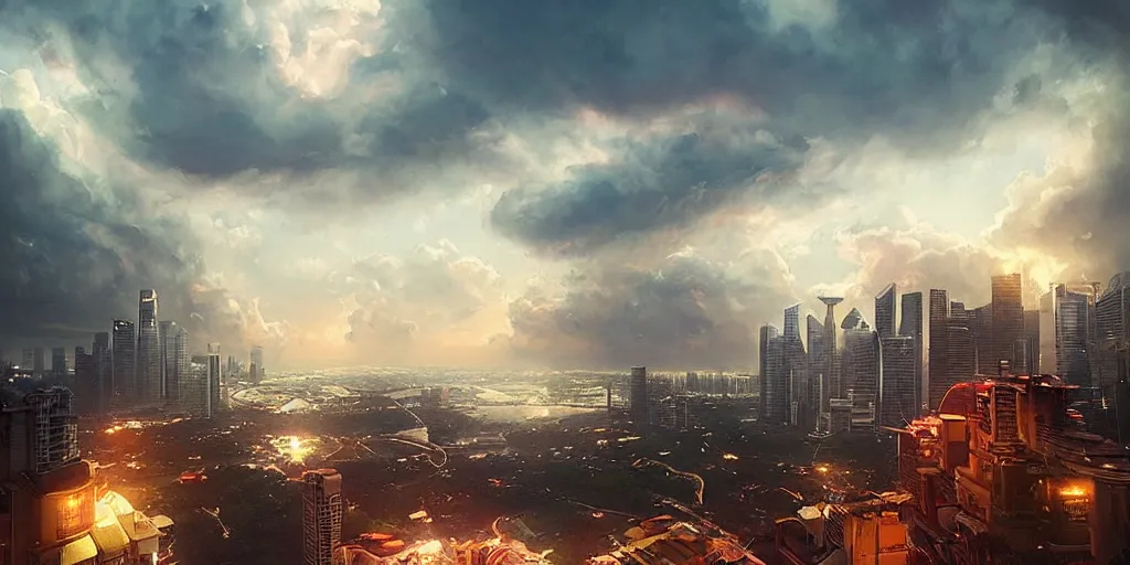 Image similar to Singapore city with a lion-shaped!!!!! cloud in the sky, by greg rutkowski, red and white lighting, digital art, ultra realistic, ultra detailed, photorealistic, 4k, character concept