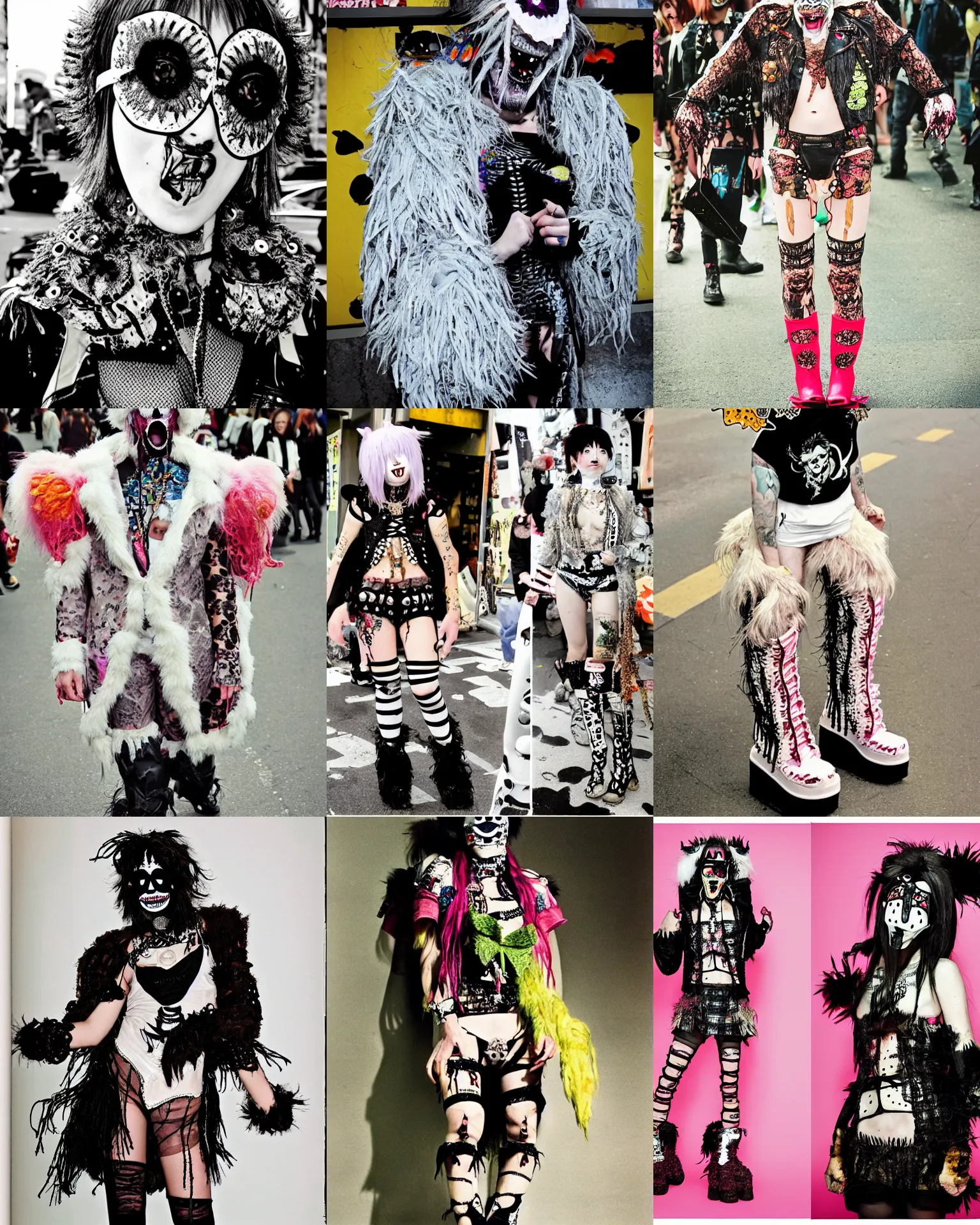 Prompt: photo of lace monster butterfly eye patch wearing ripped up dirty Swear kiss monster teeth yeti platform boots in the style of Walter Van Beirendonck W&LT by 1990's FRUiTS magazine by Shoichi Aoki in the style of 20471120 by Christopher Nemeth in the style of Harajuku stret style japan and in the style Rammellzee by Insane Clown Posse in the style of Ai Yazawa's Nana by CyberDog and emo scene style by Ryan Trecartin in the style of Dorian Electra by Rick Owens by Jun Takahashi in a dirty dark dark dark poorly lit bedroom full of trash and garbage server racks and cables everywhere in the style of Juergen Teller in the style of Shoichi Aoki, japanese street fashion, KEROUAC magazine,, Milk Bar Magazine, Vivienne Westwood, y2K aesthetic