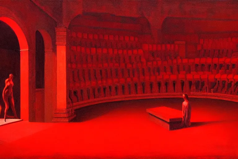 Image similar to only with red, crowd screaming, an exposed picture in a roman theater, in the style of beksinski, parts by edward hopper, parts by rodcenko, parts by yue minjun, intricate and epic composition, red by caravaggio, insanely quality, highly detailed, masterpiece, red light, artstation, 4 k