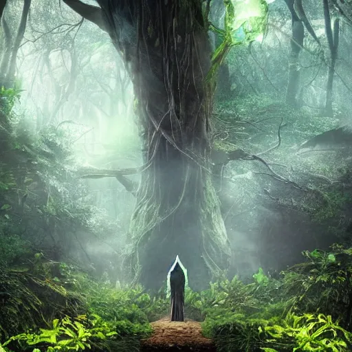 Prompt: a wizard walking towards a ravenous, ominous portal to hades embedded in a creepy tree in a densely overgrown, magical jungle, fantasy, dreamlike sunraise, ultra realistic, atmospheric, stopped in time, dreamlike light incidence