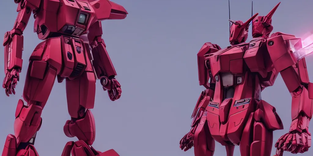 Image similar to a huge red humanoid female gundam mecha with unicorn horn in pink and red collection, intricate mechanical details, futuristic, y 2 k aesthetic, dramatic lighting, 4 k, 3 d octane render, provenance, detailed, trending on artstation