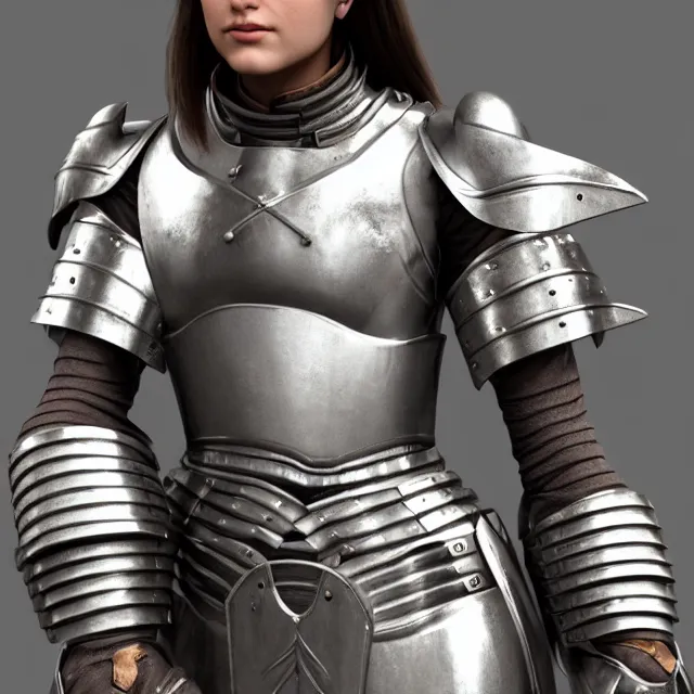 Prompt: perfectly centered close up portrait of a female knight in full body armor, candid photography, by anne stokes, updo, highly detailed, unreal engine 5