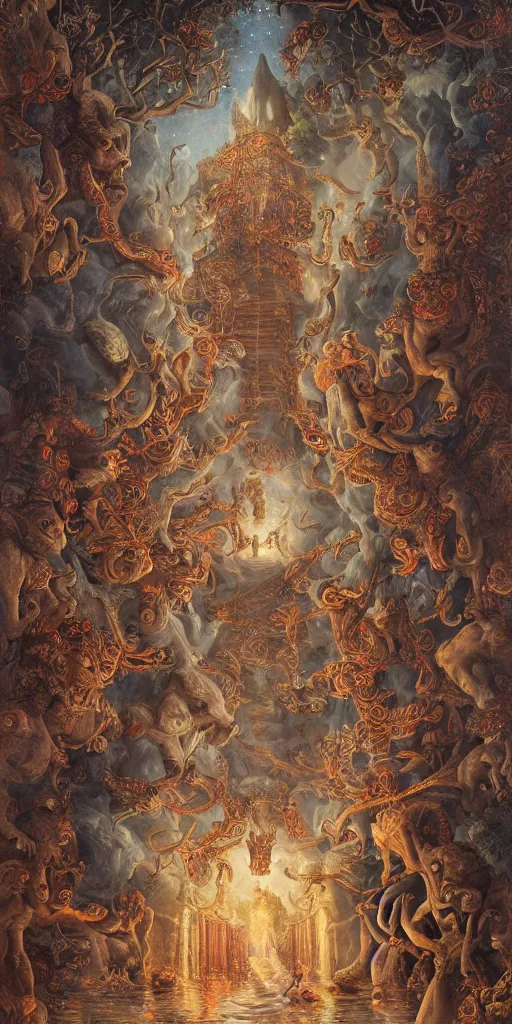 Prompt: a stunning and noble highly detailed romantic period style painting of the place where aztec gods come into being by james jean, josep tapiro baro and harles sillem lidderdale, trending on artstation, oil painting masterpiece, symmetry, rule of thirds, mysterious