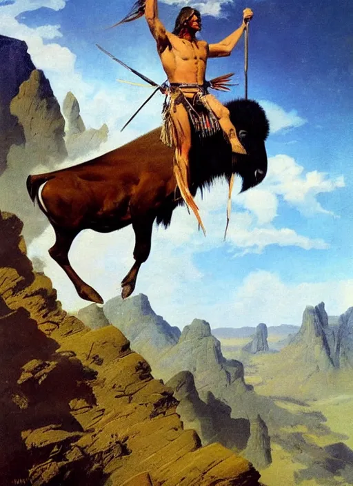 Image similar to willem dafoe as a native american riding bison, buffalo, native american warrior, mountain range, beautiful sky, standing on the edge of a cliff, 1 9 th century, painted by frazetta