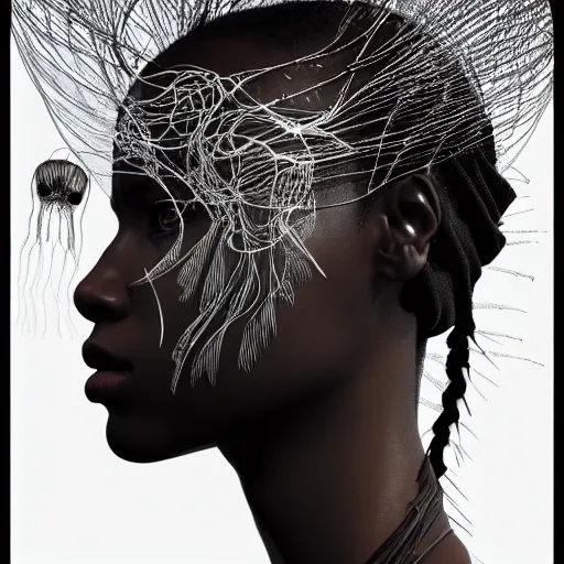 Prompt: lost in paradise hyperdetailed illustration by irakli nadar, adut akech, matt wisniewski style, intricate linework, dark black skin, box jellyfish headdress, unreal engine 5 highly rendered,