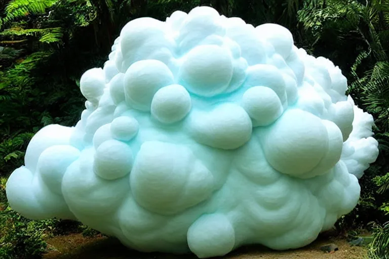Image similar to a huge flock of many smooth puffy marvelous cloud sculptures and whirling ultra detailed gemstone crystal sculptures, art nouveau jungle environment, playful, award winning art, epic dreamlike fantasy landscape, ultra realistic,