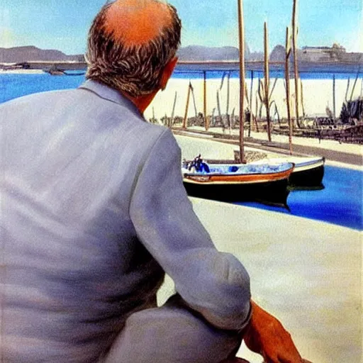 Prompt: painting by salvador dali of a senior grey haired caucasian man seen from behind, sitting on a deck near the harbor, boats and water. it is a beautiful summer day